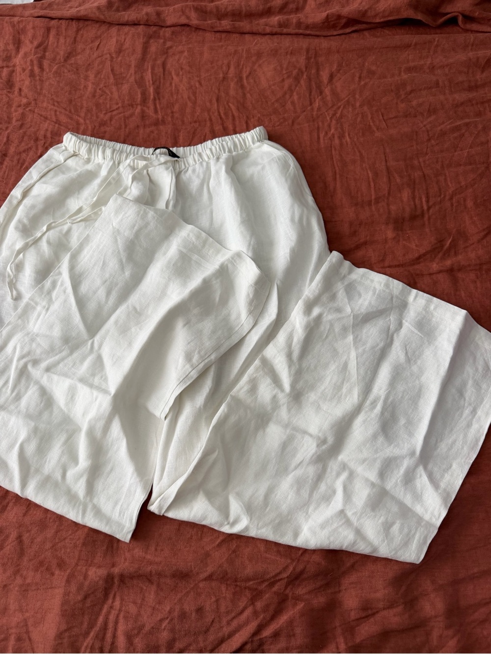 Wide Leg Linen Blend Pants in White - Relaxed Drawstring Waist